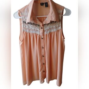 Forever 21 Peach Sleeveless Lace Blouse Large